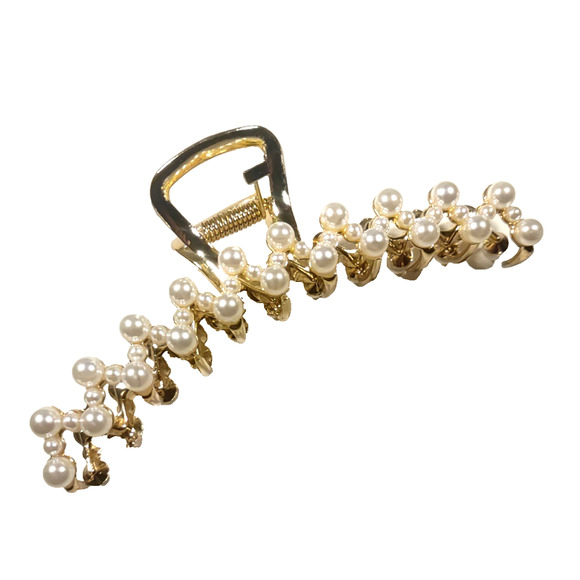 Alligator Clip Barrette Gold Tone Faux Pearl Large Classic - Picture 3 of 6